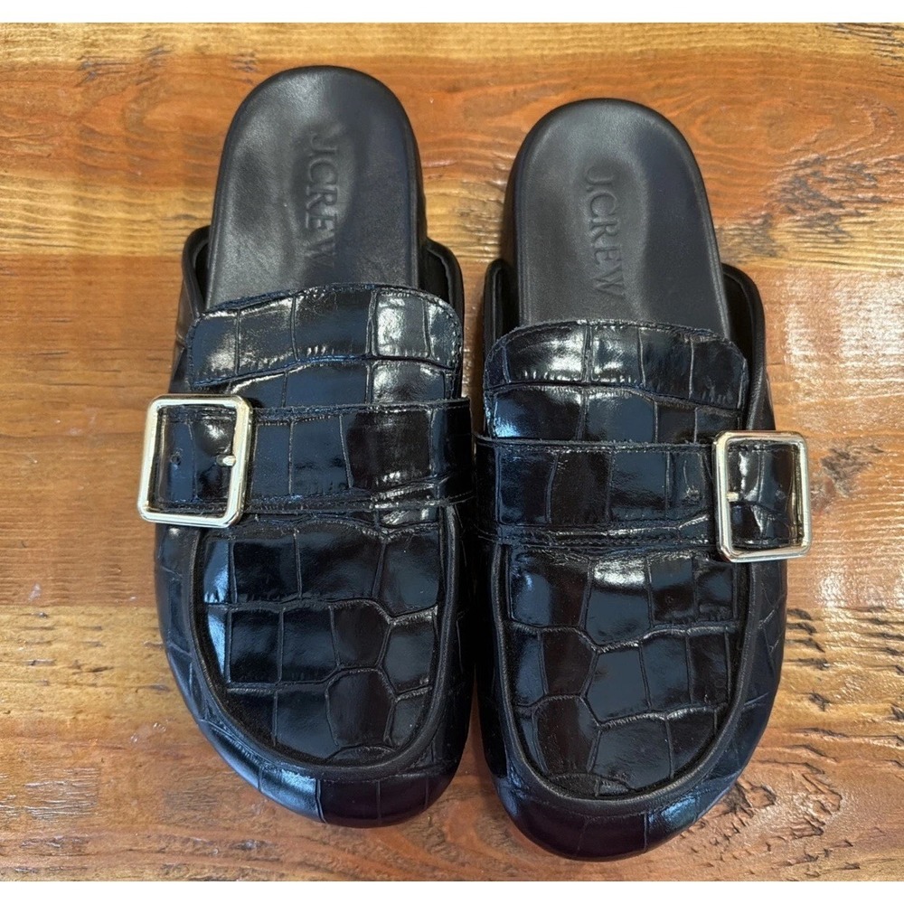 Women's J Crew Black Leather Croc Slip On Buckle Comfort Clogs Mules Slides Sz 8